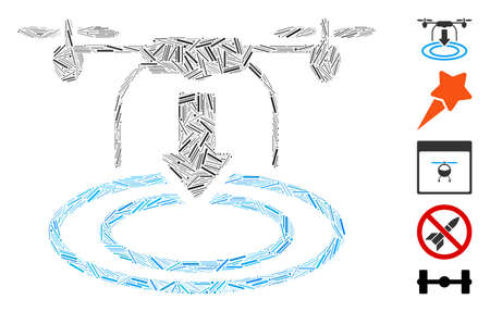 Linear mosaic drone landing icon constructed from thin elements in random sizes and color hues. Vector linear elements are organized into abstract composition drone landing icon.のイラスト素材