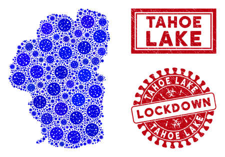 Covid-2019 virus collage Tahoe Lake map and seals. Red round lockdown distress stamp. Vector covid viral elements are composed into collage Tahoe Lake map. Vector collage for outbreak,のイラスト素材