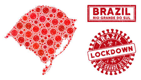 Flu virus collage Rio Grande do Sul State map and seal stamps. Red rounded lockdown scratched seal. Vector covid infection parts are combined into illustration Rio Grande do Sul State map.のイラスト素材