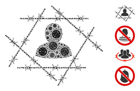 Mosaic barbed wire man constructed from SARS virus icons in different sizes and color hues. Vector pathogen icons are arranged into abstract mosaic barbed wire man icon. Some bonus icons are added.のイラスト素材