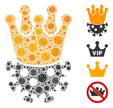 Collage crown virus composed of flu virus elements in random sizes and color hues. Vector infection elements are arranged into abstract collage crown virus icon. Some bonus icons are added.のイラスト素材