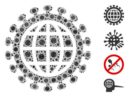 Mosaic global virus united from SARS virus icons in different sizes and color hues. Vector viral icons are united into abstract composition global virus icon. Some bonus icons are added.のイラスト素材