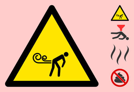Vector fart winds flat warning sign. Triangle icon uses black and yellow colors. Symbol style is a flat fart winds hazard sign on a pink background. Icons designed for problem signals, road signs,
