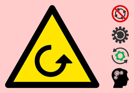 Vector rotation flat warning sign. Triangle icon uses black and yellow colors. Symbol style is a flat rotation attention sign on a pink background. Icons designed for notice signals, road signs,
