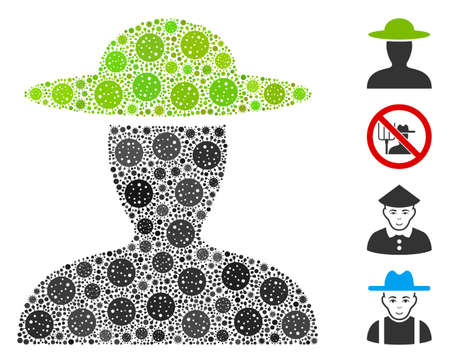 Collage farmer person constructed from covid-2019 virus icons in random sizes and color hues. Vector pathogen icons are combined into abstract collage farmer person icon. Some bonus icons are added.のイラスト素材