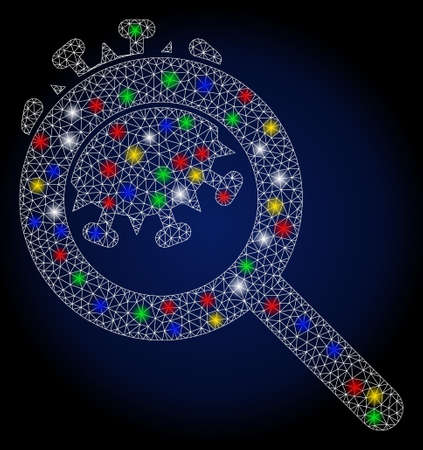 Glowing mesh explore coronavirus with glare effect. Abstract illuminated vector model of explore coronavirus icon on a dark blue gradiented background.のイラスト素材