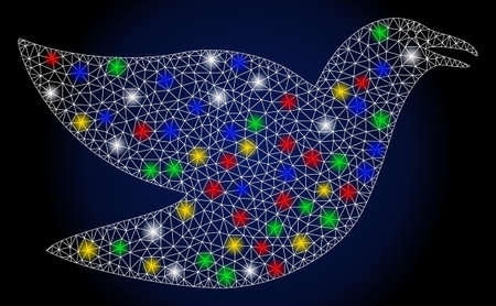 Colorful mesh flying bird with sparkle effect. Abstract illuminated vector model of flying bird icon on a dark blue gradiented background. White wire frame triangular mesh flying bird.のイラスト素材