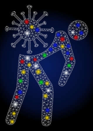Glowing mesh virus carrier with sparkle effect. Abstract illuminated vector model of virus carrier icon on a dark blue gradiented background. White wire carcass polygonal mesh virus carrier.のイラスト素材