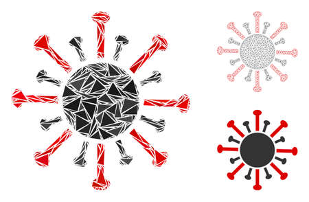 Triangle mosaic coronavirus icon with mesh vector model. Coronavirus mosaic icon of triangle elements which have various sizes, and positions, and color tones.のイラスト素材