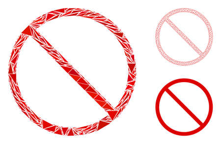 Triangle mosaic forbidden icon with mesh vector model. Forbidden mosaic icon of triangle elements which have variable sizes, and positions, and color tints. Wire frame triangular network of forbidden.のイラスト素材