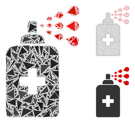 Triangle mosaic sanitizer spray icon with mesh vector model. Sanitizer spray mosaic icon of triangle items which have different sizes, and positions, and color tinges.のイラスト素材