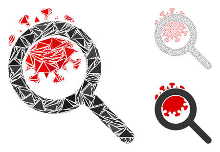 Triangle mosaic explore coronavirus icon with mesh vector model. Explore coronavirus mosaic icon of triangle elements which have variable sizes, and positions, and color shades.のイラスト素材