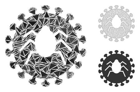 Triangle mosaic bug virus icon with mesh vector model. Bug virus mosaic icon of triangle elements which have various sizes, and positions, and color tinges. Wire frame triangular mesh of bug virus.のイラスト素材