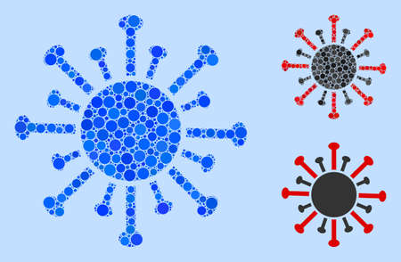 Mosaic Coronavirus icon united from round items in different sizes, positions and proportions. Vector blue round items are arranged into abstract collage coronavirus icon. Light blue background.のイラスト素材