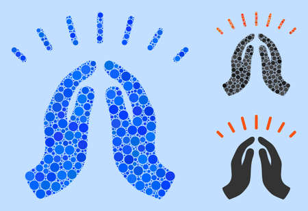 Collage Hope hands icon organized from spheric items in random sizes, positions and proportions. Vector blue spheric items are organized into abstract collage hope hands icon. Light blue background.のイラスト素材