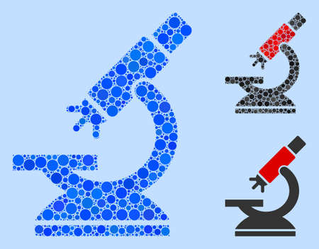 Mosaic Labs microscope icon constructed from spheric elements in random sizes, positions and proportions. Vector blue spheric parts are united into abstract mosaic labs microscope icon.のイラスト素材