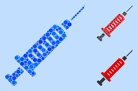 Mosaic Syringe icon united from spheric items in variable sizes, positions and proportions. Vector blue spheric items are organized into abstract mosaic syringe icon. Light blue background.のイラスト素材