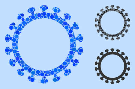 Collage Virus shell icon united from round items in various sizes, positions and proportions. Vector blue circle items are organized into abstract collage virus shell icon. Light blue background.のイラスト素材