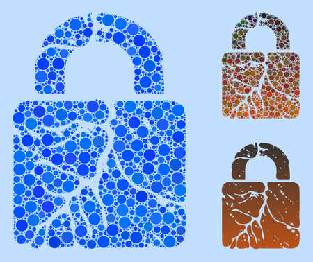 Collage Rust lock icon united from round elements in variable sizes, positions and proportions. Vector blue round elements are combined into abstract collage rust lock icon. Light blue background.のイラスト素材