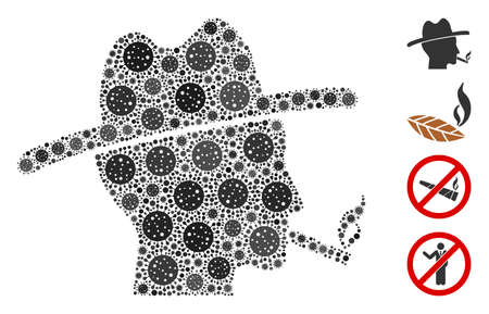 Mosaic cigarette smoker composed of flu virus icons in different sizes and color hues. Vector infection icons are organized into abstract composition cigarette smoker icon. Some bonus icons are added.のイラスト素材