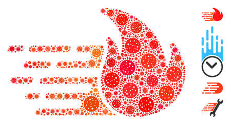 Mosaic express fire composed of covid-2019 virus icons in different sizes and color hues. Vector viral elements are united into abstract mosaic express fire icon. Some bonus icons are added.のイラスト素材