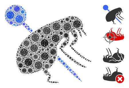 Collage pinned flea composed of SARS virus elements in variable sizes and color hues. Vector infection icons are grouped into abstract collage pinned flea icon. Some bonus icons are added.のイラスト素材