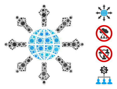 Collage planetary society constructed from covid-2019 virus items in random sizes and color hues. Vector infection items are composed into abstract collage planetary society icon.のイラスト素材