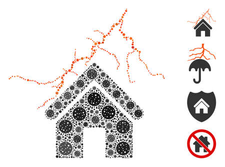 Mosaic home in thunderstorm constructed from coronavirus icons in various sizes and color hues. Vector infection icons are grouped into abstract illustration home in thunderstorm icon.のイラスト素材