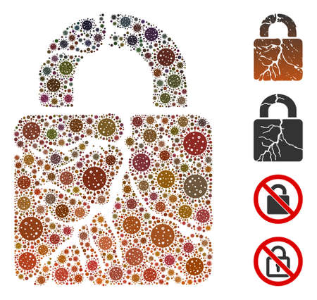 Collage rust lock designed from coronavirus elements in different sizes and color hues. Vector viral icons are combined into abstract collage rust lock icon. Some bonus icons are added.のイラスト素材