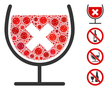 Collage stop drink wine constructed from flu virus icons in various sizes and color hues. Vector pathogen icons are arranged into abstract collage stop drink wine icon. Some bonus icons are added.のイラスト素材