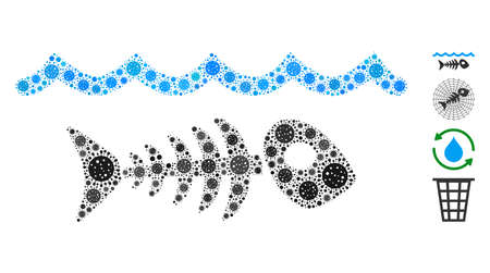 Collage water pollution organized from covid-2019 virus icons in variable sizes and color hues. Vector pathogen parts are united into abstract collage water pollution icon. Some bonus icons are added.のイラスト素材