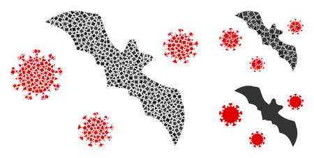 Collage Bat virus icon united from bumpy spots in different sizes, positions and proportions. Vector bumpy elements are united into abstract mosaic bat virus icon.のイラスト素材