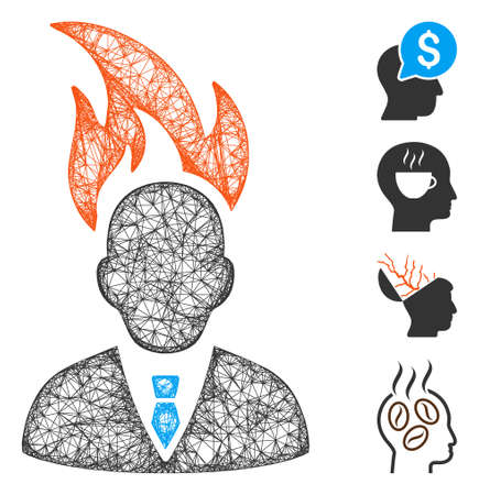 Mesh burn businessman head web icon vector illustration. Carcass model is based on burn businessman head flat icon. Mesh forms abstract burn businessman head flat model.のイラスト素材