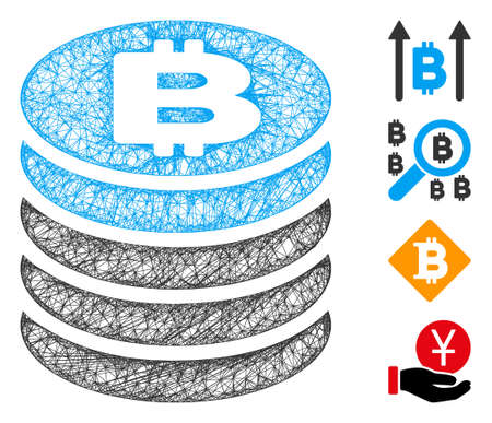 Mesh Bitcoin coin stack web 2d vector illustration. Carcass model is based on Bitcoin coin stack flat icon. Net forms abstract Bitcoin coin stack flat model.のイラスト素材