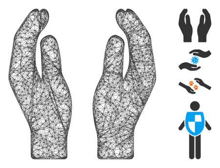 Mesh care hands web 2d vector illustration. Model is created from care hands flat icon. Net forms abstract care hands flat model. wireframe flat web network isolated on a white background.のイラスト素材