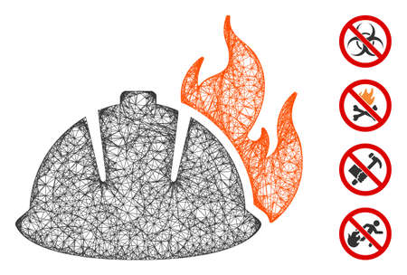 Mesh fire helmet web 2d vector illustration. Carcass model is created from fire helmet flat icon. Mesh forms abstract fire helmet flat carcass.のイラスト素材