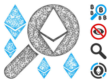 Mesh loupe search Ethereum web 2d vector illustration. Carcass model is based on loupe search Ethereum flat icon. Mesh forms abstract loupe search Ethereum flat carcass.のイラスト素材