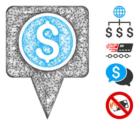 Mesh money map marker web symbol vector illustration. Carcass model is based on money map marker flat icon. Network forms abstract money map marker flat carcass.のイラスト素材