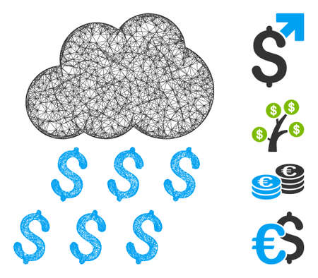 Mesh money rain web icon vector illustration. Model is created from money rain flat icon. Mesh forms abstract money rain flat carcass. Wire frame flat web network isolated on a white background.のイラスト素材