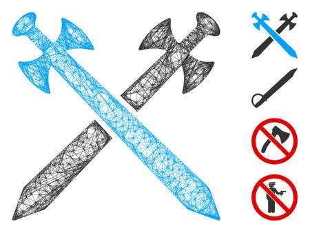 Mesh swords web icon vector illustration. Carcass model is based on swords flat icon. Network forms abstract swords flat model. Wire frame 2D web network isolated on a white background.のイラスト素材