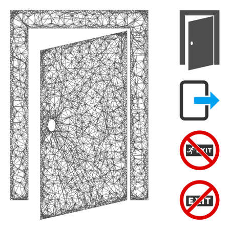 Mesh door web symbol vector illustration. Carcass model is based on door flat icon. Mesh forms abstract door flat model. wireframe 2D web network isolated on a white background. Bonus icons are added.のイラスト素材