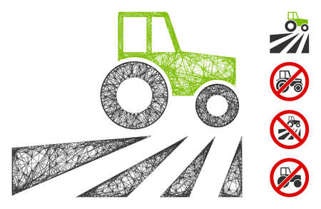 Mesh farm field with tractor web icon vector illustration. Model is created from farm field with tractor flat icon. Net forms abstract farm field with tractor flat model.のイラスト素材