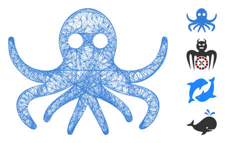 Mesh octopus web symbol vector illustration. Carcass model is created from octopus flat icon. Mesh forms abstract octopus flat carcass. Wire frame flat web network isolated on a white background.のイラスト素材
