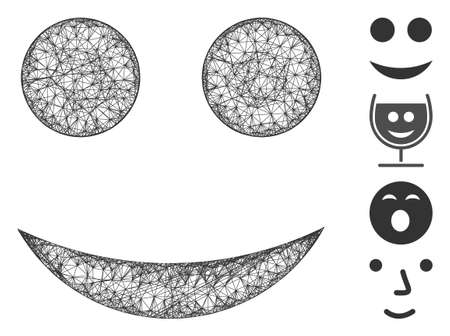 Mesh smiley web 2d vector illustration. Model is based on smiley flat icon. Network forms abstract smiley flat model. wireframe 2D line network isolated on a white background. Bonus icons are added.のイラスト素材