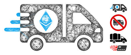 Mesh Ethereum express car web 2d vector illustration. Carcass model is based on Ethereum express car flat icon. Mesh forms abstract Ethereum express car flat carcass.のイラスト素材