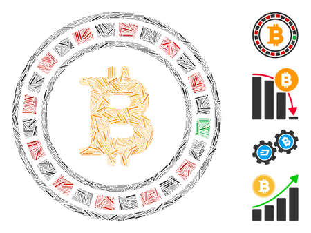 Line collage Bitcoin casino roulette icon constructed from narrow elements in different sizes and color hues. Linear elements are composed into abstract vector collage Bitcoin casino roulette icon.のイラスト素材