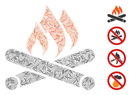 Line collage campfire icon organized from straight items in different sizes and color hues. Line items are organized into abstract vector illustration campfire icon. Bonus icons are placed.のイラスト素材
