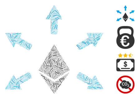 Linear collage Ethereum emission icon united from narrow items in random sizes and color hues. Linear items are composed into abstract vector mosaic Ethereum emission icon. Bonus pictograms are added.のイラスト素材