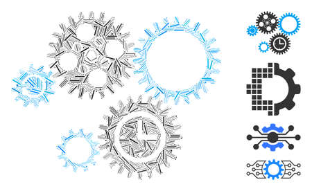 Linear collage gear mechanism icon constructed from straight elements in various sizes and color hues. Linear elements are composed into abstract vector collage gear mechanism icon.のイラスト素材