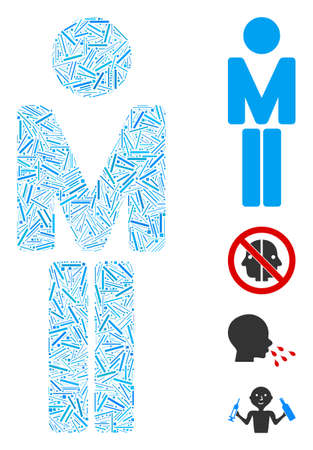 Linear collage man icon designed from narrow items in various sizes and color hues. Line items are united into abstract vector collage man icon. Bonus icons are placed.のイラスト素材